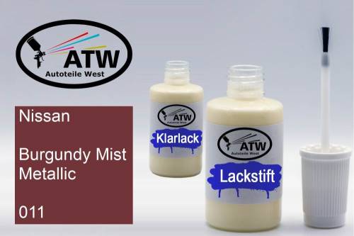 Nissan, Burgundy Mist Metallic, 011: 20ml Lackstift + 20ml Klarlack - Set, von ATW Autoteile West.